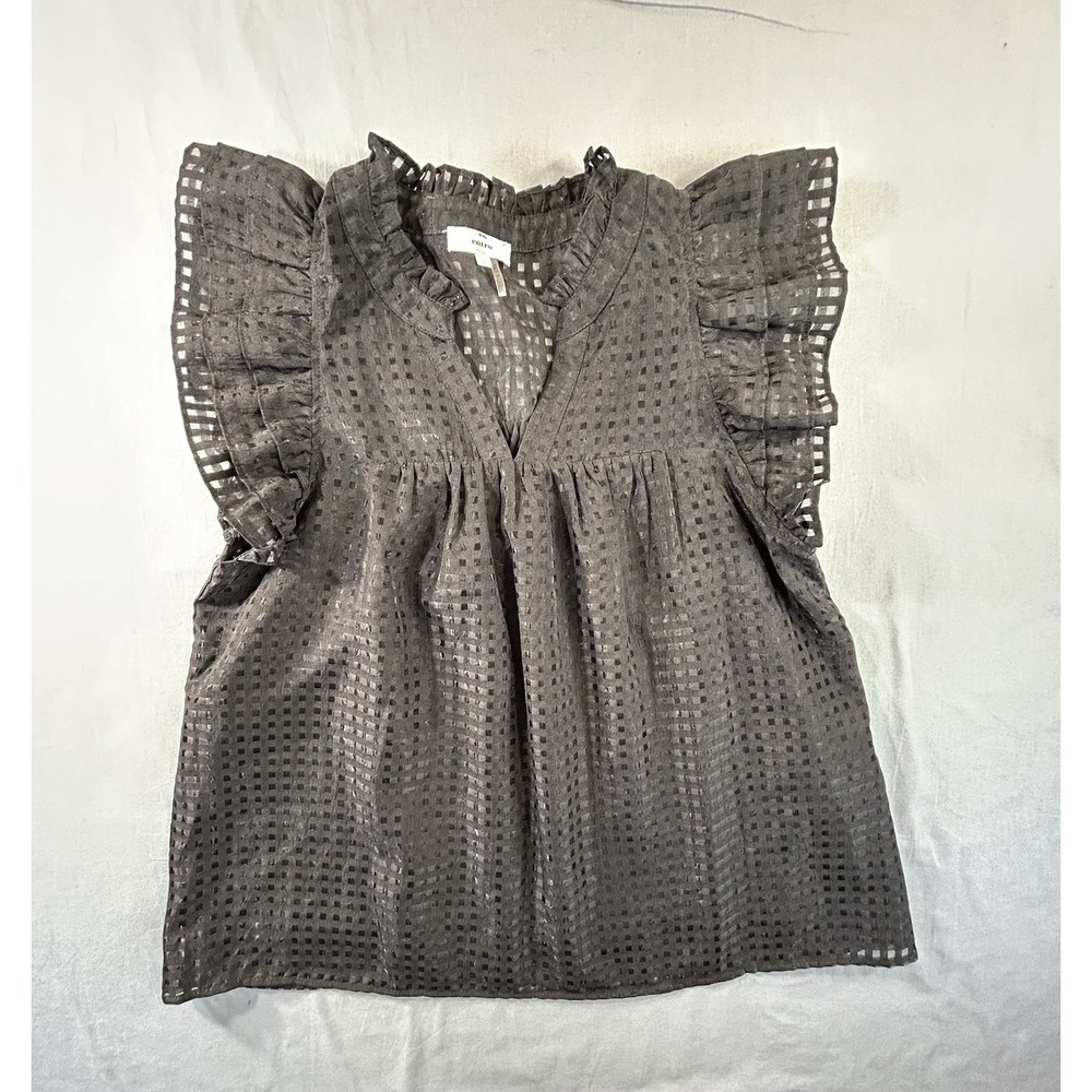 Entro Black Ruffled Sleeve Square Pattern Vneck Top Women's‎ Large